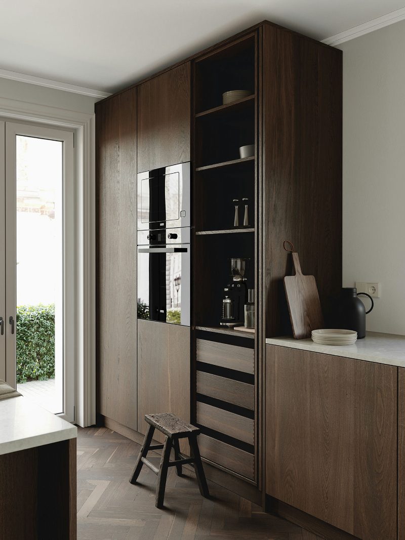 Appliance garage with open shelves