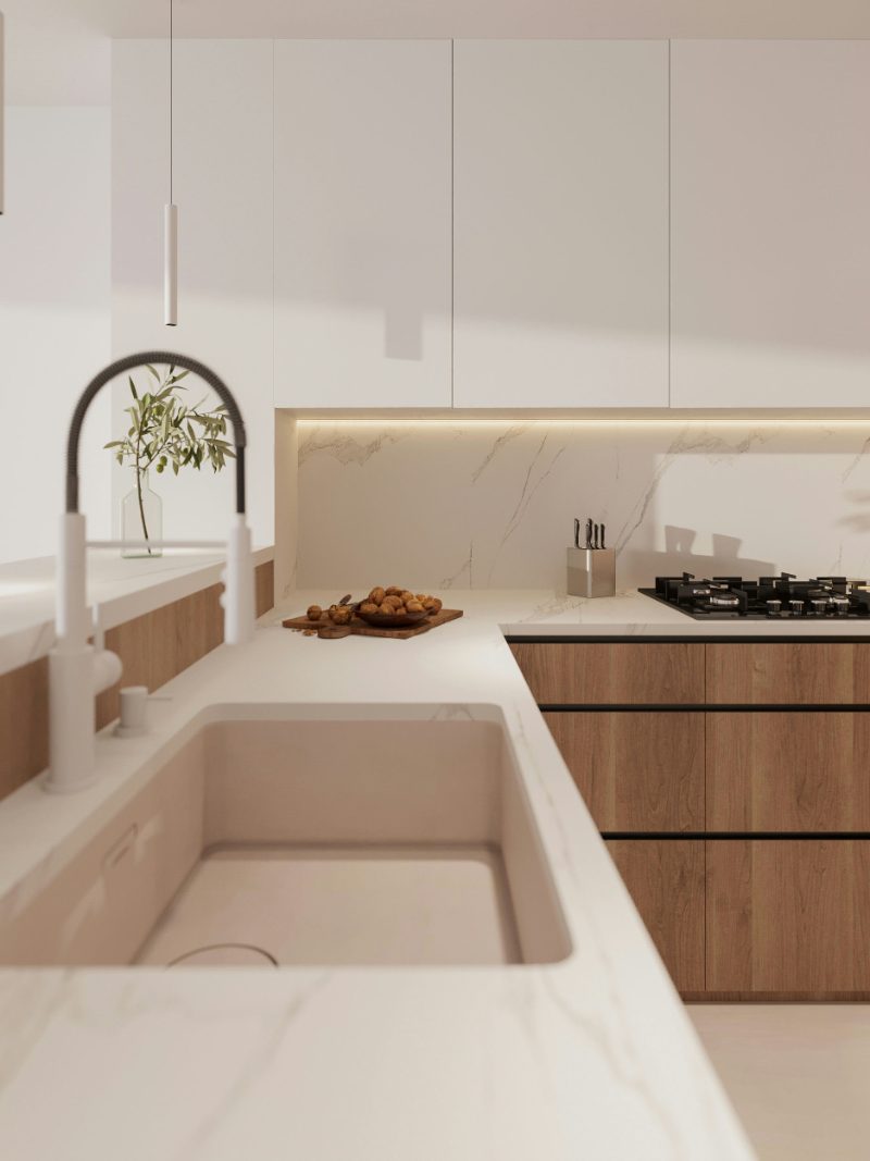 Under-cabinet lighting in minimalist kitchen