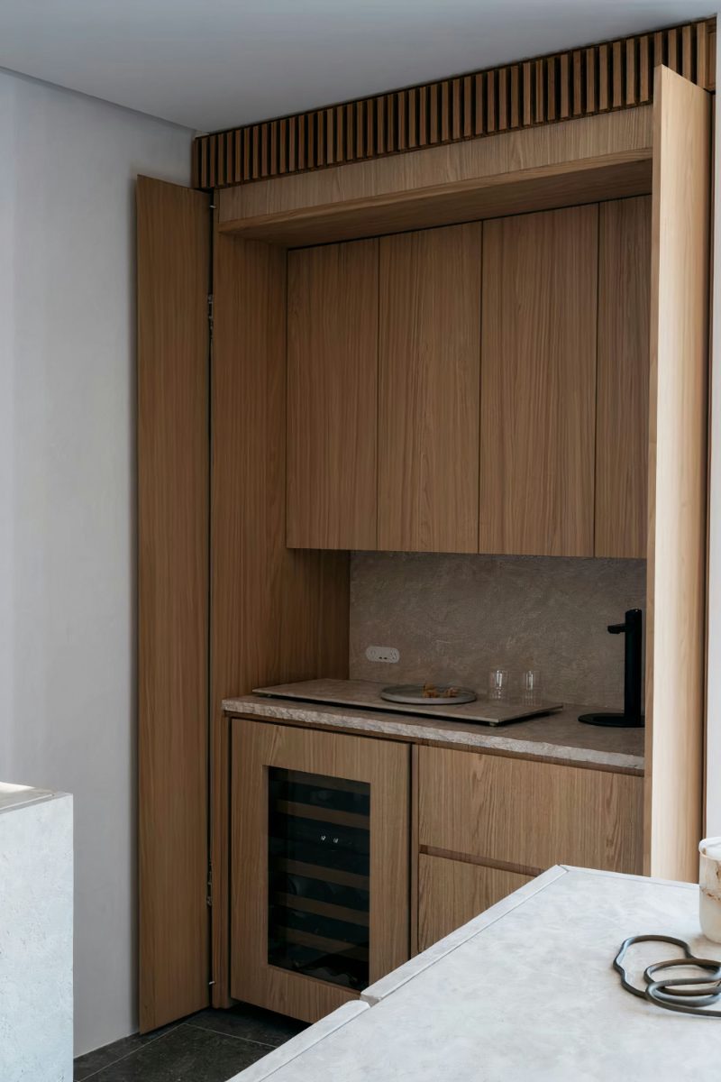 Hidden coffee station with pocket doors