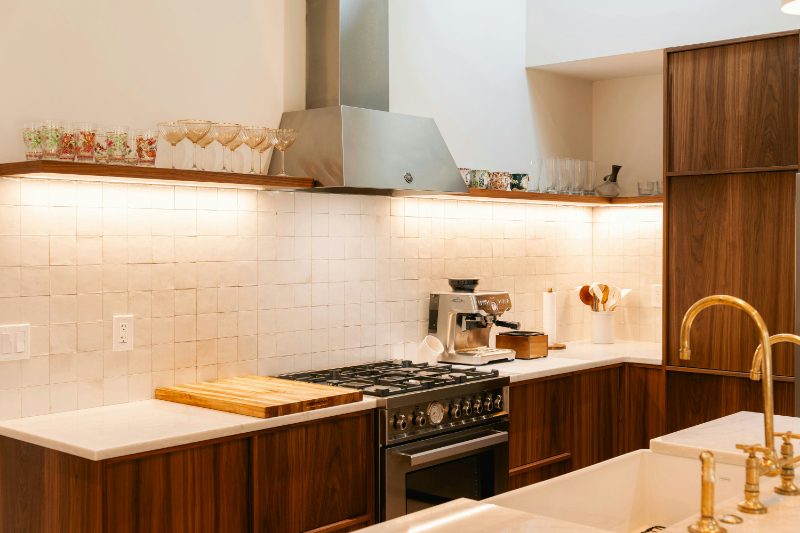 Under-shelf lighting in Japandi kitchen