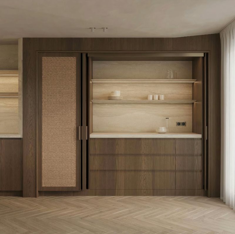 Pocket doors in rattan design kitchen