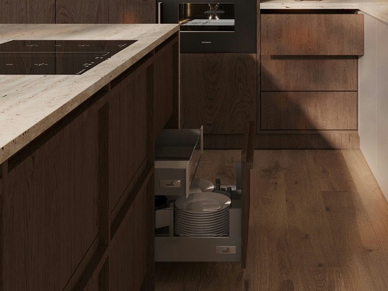 Kitchen island with push-to-open cabinet