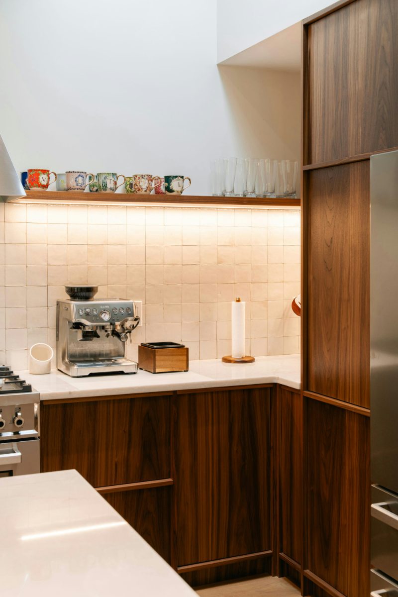 Under-shelf lighting in Japandi kitchen