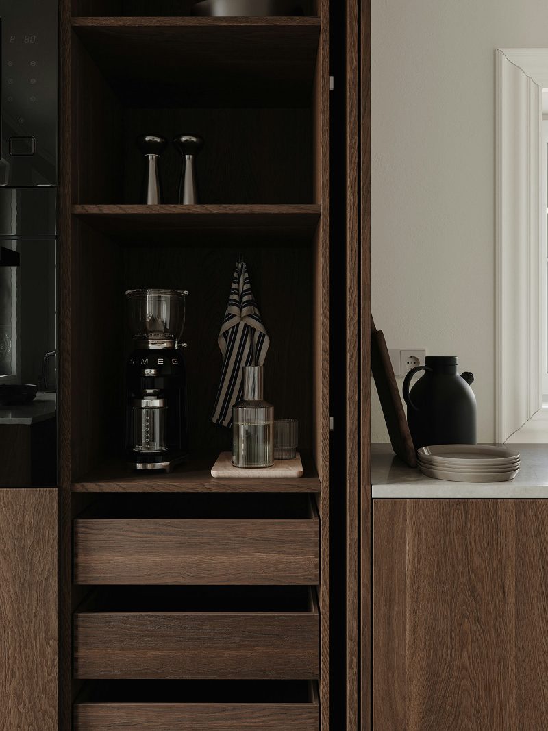 Appliance garage with wooden drawers