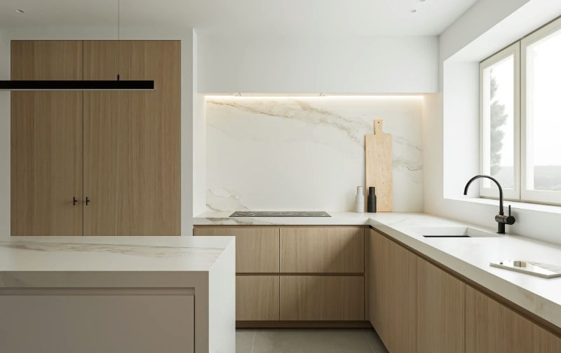 Minimalist kitchen in washed oak